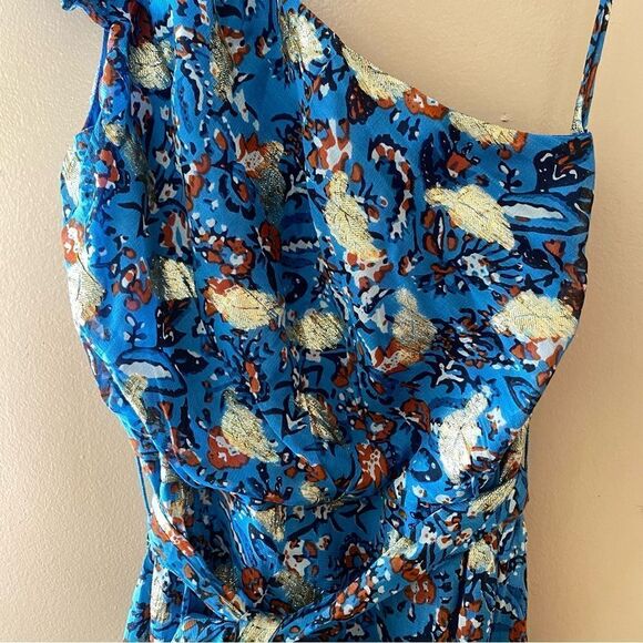 Karina Grimaldi Letitzia Dress LUREX print chiffon blue gold Sz S NWT $306 - Picture 5 of 11